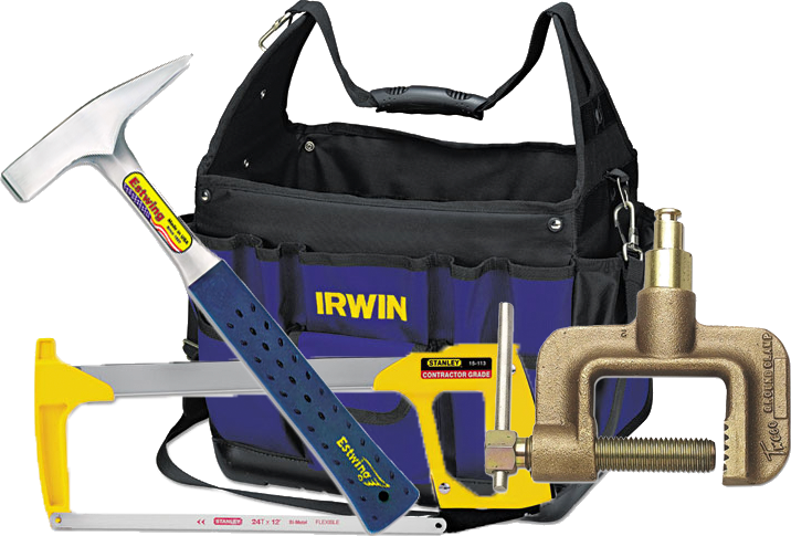 A tool bag with a hacksaw, bricklayer's hammer and a C-clamp