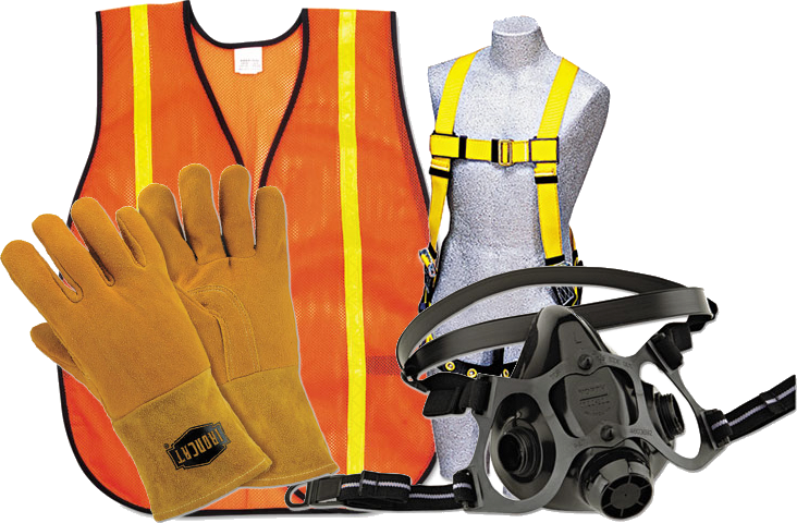 High-visibility vest, welding gloves, a full-body harness and a half-mask respirator
